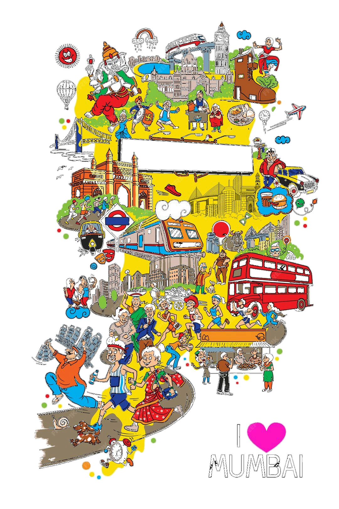 Illustrated wall art of Mumbai — Gateway of India, local trains, double-decker bus, street food and city life